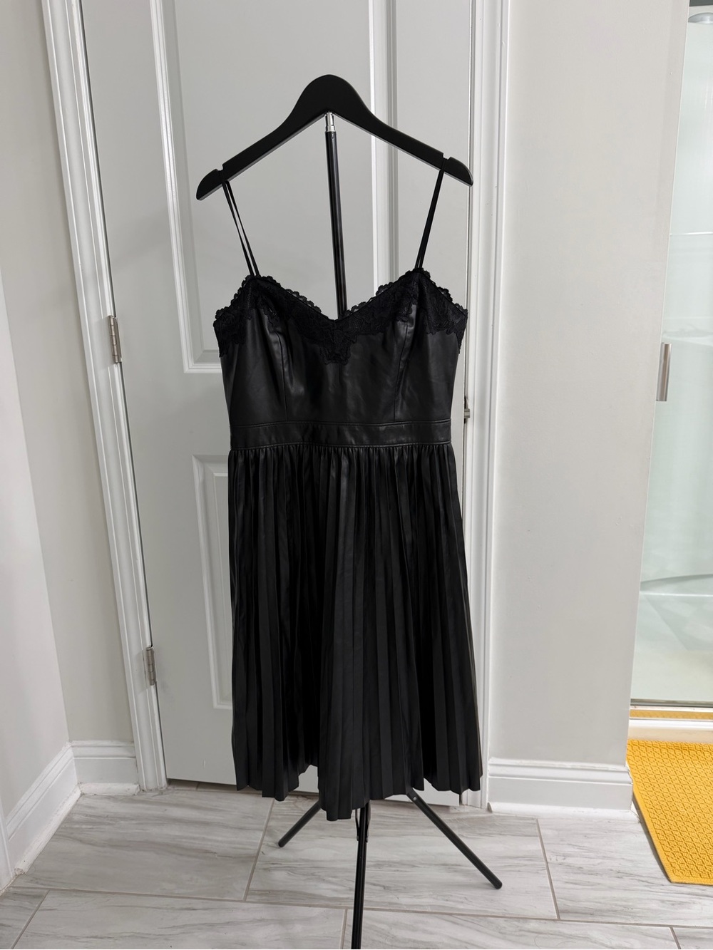 Express Black Faux Leather Slip Dress with Lace Trim